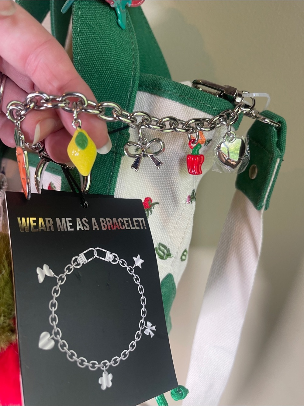 Madden Girl Green and Cream Crossbody Tote with Red Pom Pom - many extras! - Picture 8 of 16